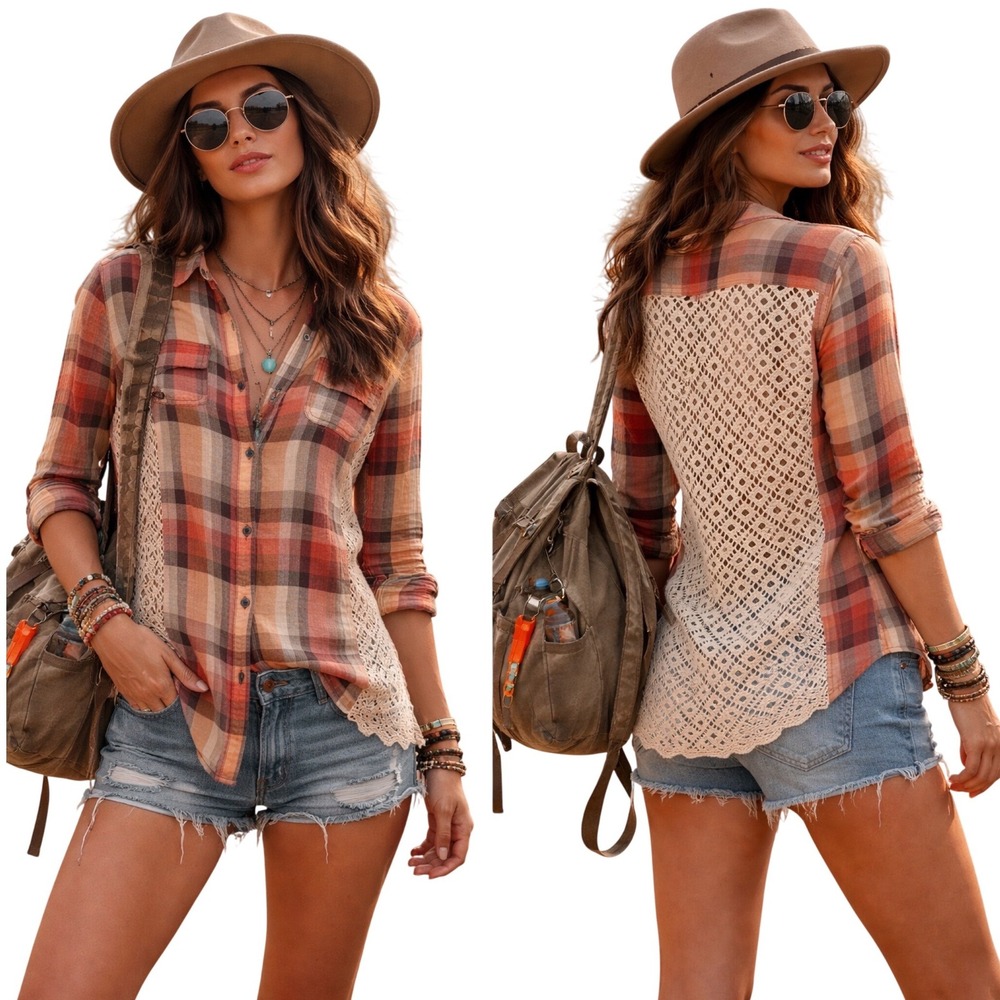 We The Free Free People Plaid Crochet Lace Back Button Down Shirt Orange XS